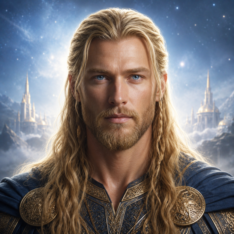 Ultra-realistic portrait of an Aesir Star Person from the Pleiades, featuring long golden-blonde hair, piercing blue eyes, a strong Nordic appearance, and ornate warrior-shaman attire, standing before the luminous celestial realm of Asgard.