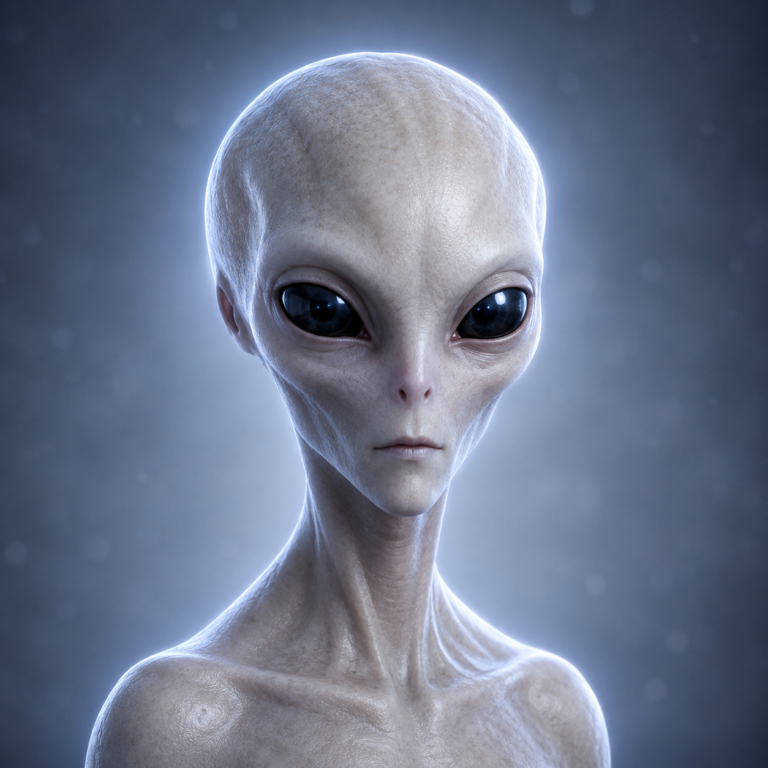 Ultra-realistic portrait of Airl, a telepathic extraterrestrial being from the Zeta Reticuli system, featuring pale translucent gray skin, a large bulbous head, oversized black almond-shaped eyes, and a slender neck, shown against a soft blue cosmic background.