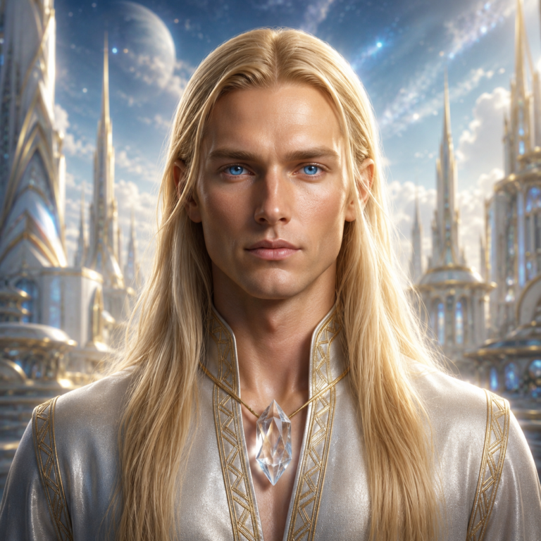 Ultra-realistic portrait of an Aldebaran being with fair skin, long golden-blonde hair, blue eyes, and luminous white-and-gold attire, standing before a radiant celestial city.