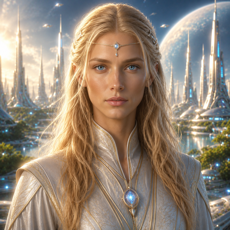 Ultra-realistic portrait of a female Alfratan from Alpha Centauri, featuring flowing blonde hair, luminous blue eyes, refined Nordic features, and elegant white-and-gold ceremonial attire before a futuristic Alpha Centauri city.