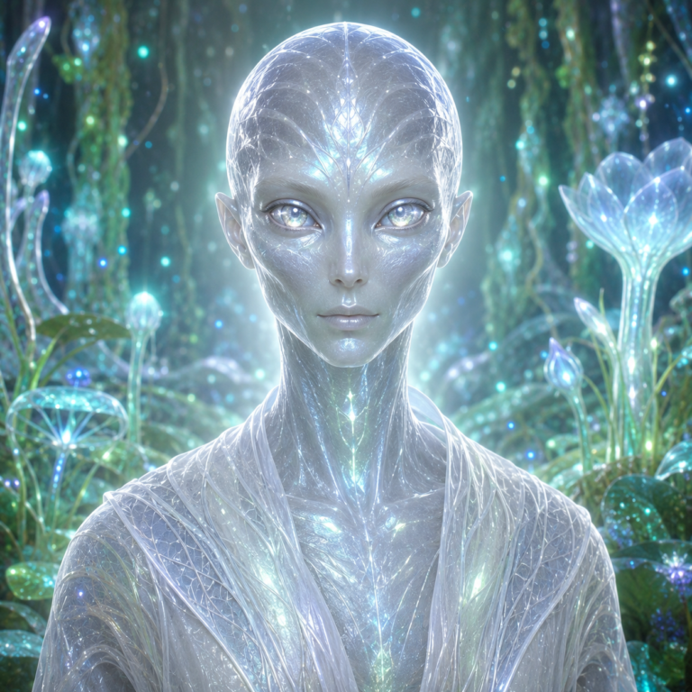 Ultra-realistic portrait of an Allmahuluk being from Kubágda, featuring silver-translucent crystalline skin, luminous white eyes, and an ethereal botanical energy field against a glowing alien ecosystem backdrop.