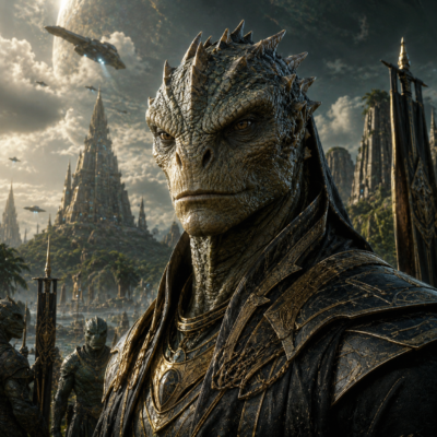Ultra-realistic portrait of an Alpha Draconian from Ciakahrr, featuring dark scaled reptilian skin, golden predatory eyes, ceremonial imperial armor, and a powerful warrior presence standing before the jungle cities and monumental architecture of the Alpha Draconis homeworld.