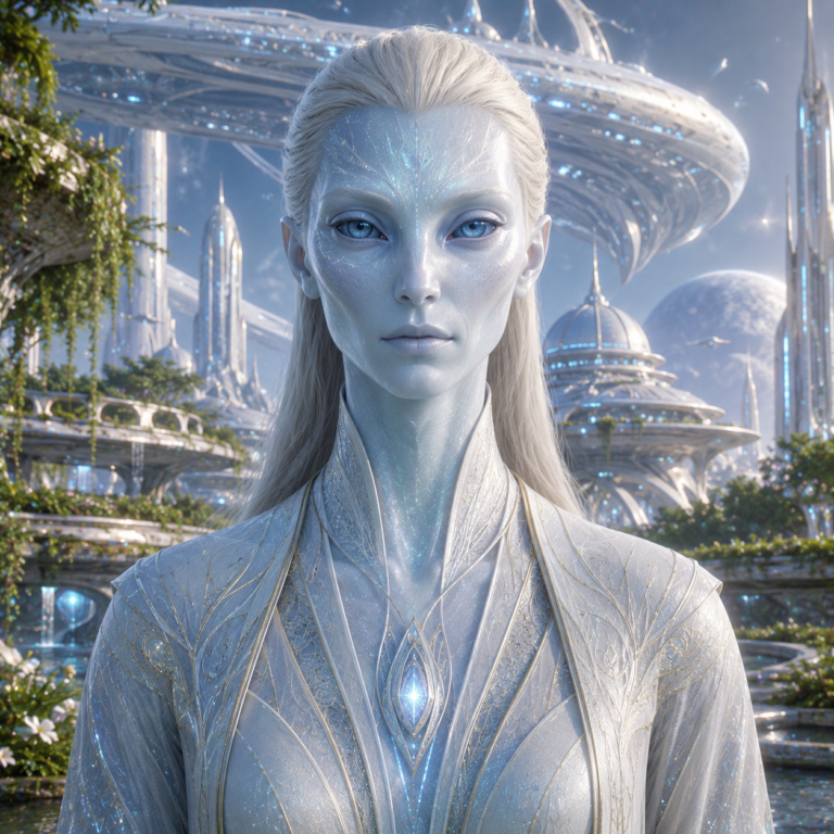 Ultra-realistic portrait of an Andromedan from Zenetae, featuring luminous pale-blue skin, large telepathic blue eyes, refined humanoid features, and elegant ceremonial attire within a thriving biosphere city on their homeworld.