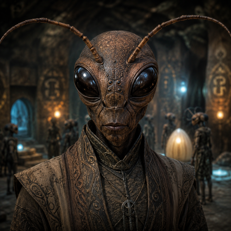 Ultra-realistic portrait of an Ant Person from Hopi and subterranean Earth lore, featuring a humanoid insectoid face with large black compound eyes, segmented exoskeleton skin, long antennae, and ceremonial hive-inspired attire within an ancient underground chamber illuminated by glowing energy pods.