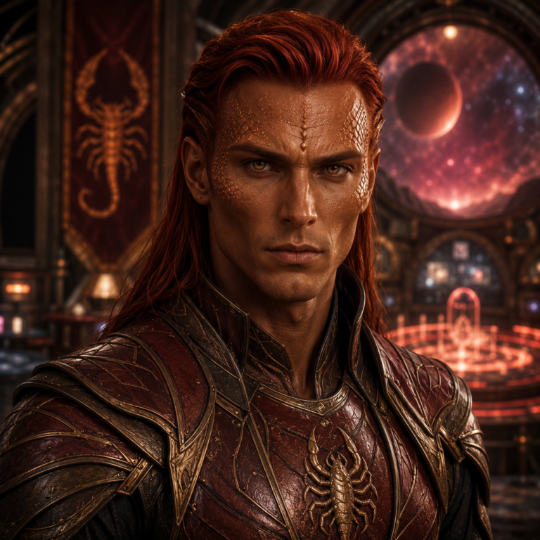 Ultra-realistic portrait of an Antarian warrior from the Antares star system, featuring copper-toned skin with subtle reptilian ridges, piercing amber eyes, long auburn hair, and ornate crimson-and-gold guardian armor adorned with a scorpion emblem inside an advanced command chamber overlooking the Antarian homeworld.