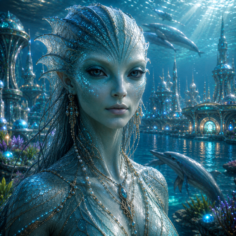 Ultra-realistic portrait of an Aquatic Being from the Sirius B system, featuring luminous blue-silver skin, bioluminescent aquatic features, elegant oceanic adornments, and large empathic eyes within a glowing underwater city surrounded by dolphins, crystalline architecture, and advanced aquatic civilization structures.