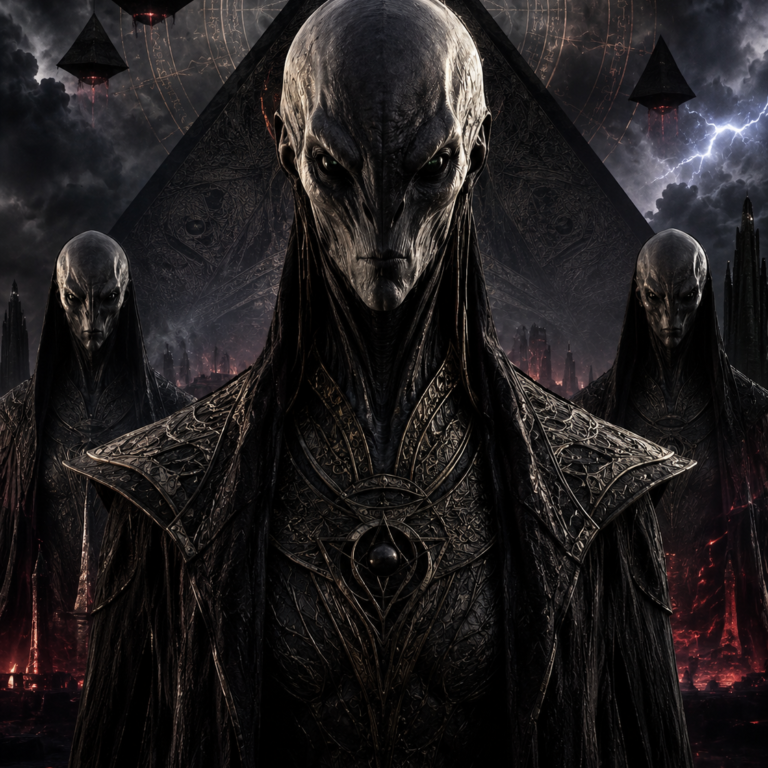 Ultra-realistic portrait of an Archon entity, featuring a dark extradimensional humanoid form with elongated features, shadowed eyes, ornate black ceremonial armor, and a lower astral control-matrix backdrop with pyramidal structures, storm clouds, and ominous red energy.