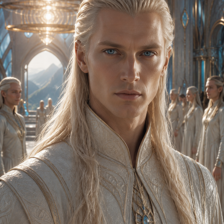 Ultra-realistic portrait of an Ariani being from Antarctic Inner Earth, featuring alabaster skin, platinum-white hair, calm blue eyes, radiant Nordic features, and elegant crystalline attire within a luminous Agharta crystal city beneath Earth.