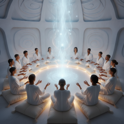 Alpha Centaurians of all ages sit in a circle, hands extended, glowing blue energy in a domed hall.