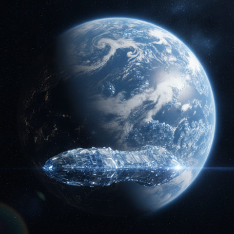 A crescent water planet with crystalline blue-white continents in space, with a mothership in the foreground.