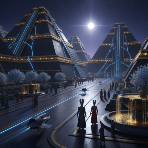 Wide shot of an Anunnaki city with obsidian ziggurats, gold accents, floating platforms, and indigo sky.