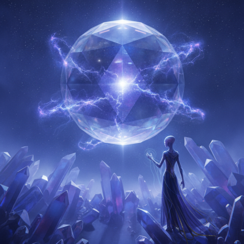 Large translucent crystal sphere starship glowing blue-violet, Arcturian being extending hand in foreground, over crystal homeworld.