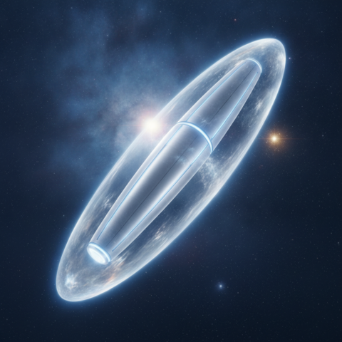Cylindrical spacecraft emitting soft white and blue glow, floating in space with stars and nebula.