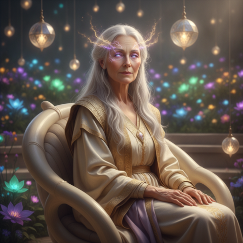 Seven Ashand elder women seated in a circle, alabaster skin, silver hair, glowing eyes with telepathic light patterns, bioluminescent garden.