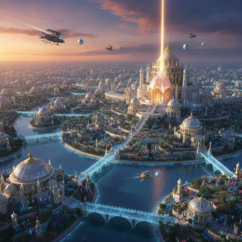 Aerial panorama of a grand Atlantean city with domes, spires, canals, and a central crystal emitting light.