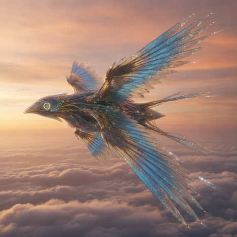Iridescent crystal bird-shaped spaceship with glowing wings and sensor nodes over orange clouds.
