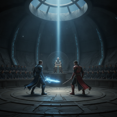 Two Bellatrician warriors in traditional combat gear face each other in a circular stone arena with clan banners.