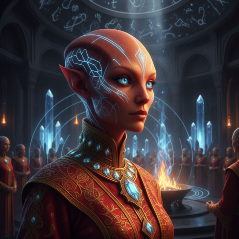 Betelgeusian priests in red and gold robes stand around a blue-white fire in an obsidian temple.