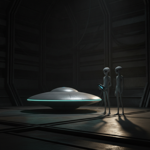 A silver disc-shaped scout shuttle rests in a dim hangar with two gray drones nearby, one holding a device.