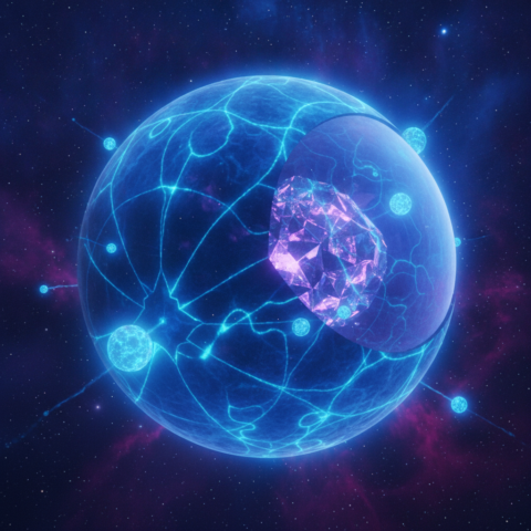 Close-up of a glowing blue sphere craft with geometric patterns and a crystalline interior against a starry nebula.