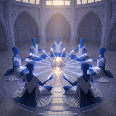 Seven Blue Ray Beings sit in a healing circle emitting blue-violet light from hands, in a crystalline hall.
