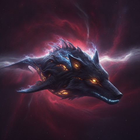 A wolf-like bio-organic starship with glowing spine and eyes floats in deep space against a crimson and violet nebula.
