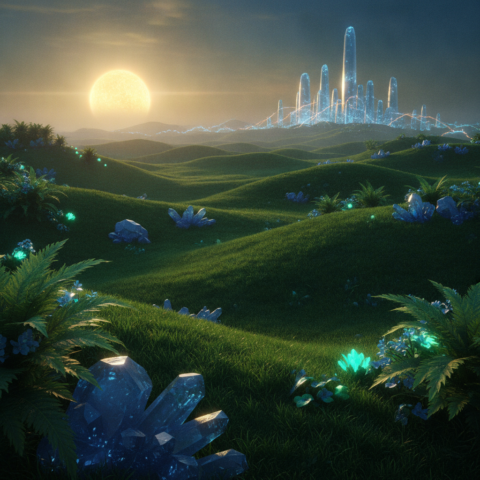 Rolling green hills with translucent crystal towers and glowing energy lines under a golden and blue sky.