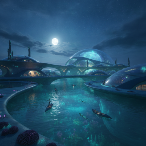 Under a starry sky, a glowing Caponi city of coral platforms and domes rises from a shallow sea, with swimming inhabitants.