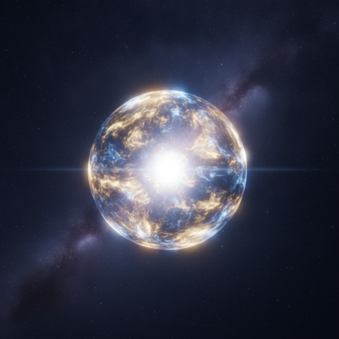 A glowing energy orb, three meters wide, floating in space among stars and faint nebula.