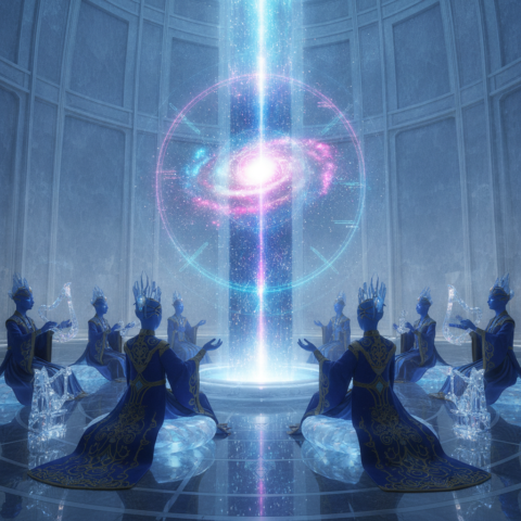 Seven blue humanoid elders in ornate robes project a galaxy hologram in a crystal hall.