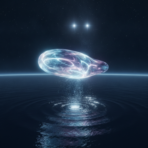 A translucent, glowing orb-like spacecraft hovers over a dark ocean under a starry sky with a binary star system.