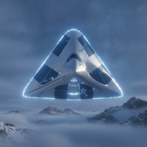 Triangular metallic spacecraft with blue glow hovering over misty mountains at twilight.