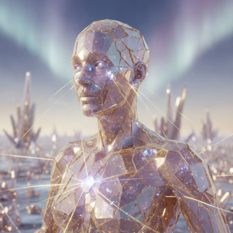Multiple glowing translucent Crystalline Beings hover in a circle, connecting light beams to a central crystal lattice.