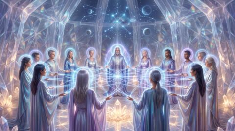 Group of Cygnians in a circle, eyes closed, with light auras connecting them, surrounded by crystal walls and holographic star maps.