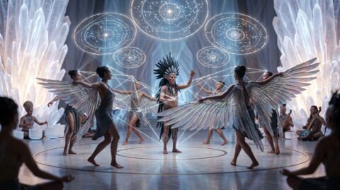 Denebians with wings perform a ceremony, elder in feathered headdress directs, geometric light patterns connect participants.