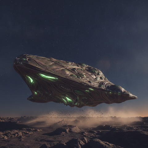 Close-up of a wedge-shaped organic spaceship with glowing green veins, hovering above a rocky alien landscape at night.