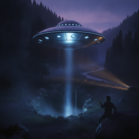 Silver metallic flying disc with dome and glowing portholes hovering over a dark shaft in a misty valley at twilight.