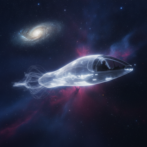 Sleek organic spacecraft with glowing translucent hull and energy aura in starfield with nebula.