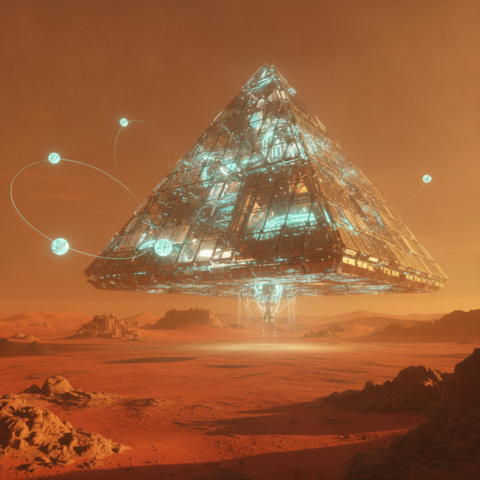 Crystalline pyramid-shaped spacecraft with glowing orbs floating above a red sandy desert.