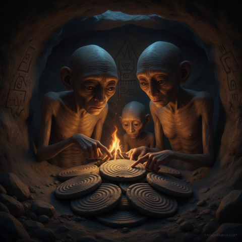Three Dropa beings huddled around glowing discs in a cave, one pointing.