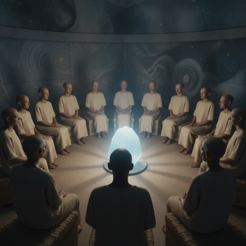 Ebens sit in a circle in a blue-lit underground hall, eyes closed in telepathic session.