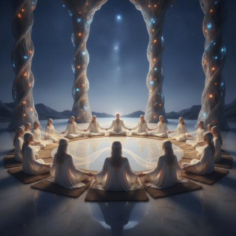 A group of fair-skinned Ectom Beings with silver hair sit in a circle, holding hands and glowing with telepathic auras.