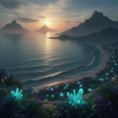 Vast blue-green ocean with distant continents, bioluminescent turquoise and violet plants on shore, golden sunset.
