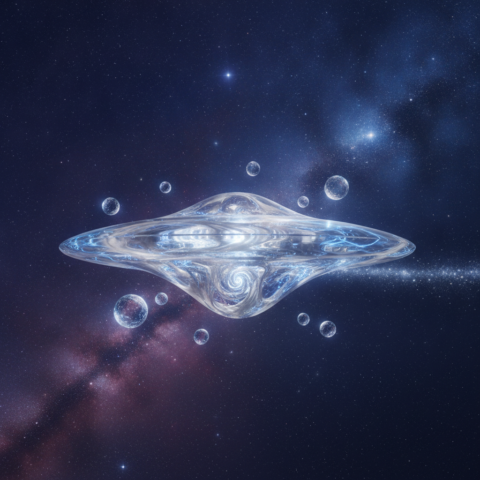 Translucent disc-shaped organic spacecraft with swirling blue and silver light, trailing stardust in space.