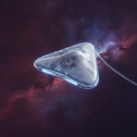 Triangular translucent silver ship with blue bioluminescent edges flying through colorful nebula.