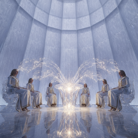 Seven Eloh beings in white and gold robes seated in a circle on floating crystal chairs.