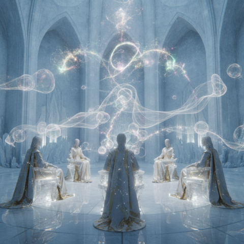 Six tall Elohi beings seated on translucent thrones in a crystalline hall, telepathic symbols hovering above them.