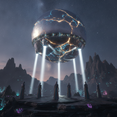 Metallic orb craft with glowing light patterns over alien mountains, Elohim figures looking up at twilight.