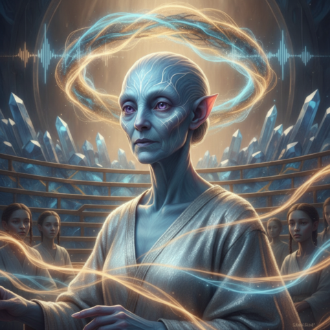 Elder Engan with pale blue skin gestures to seated younger Engani in crystalline amphitheater.