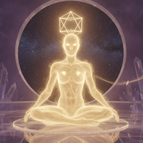 Twelve glowing etheric beings seated in a circle, communicating via telepathic light threads in a crystal chamber.